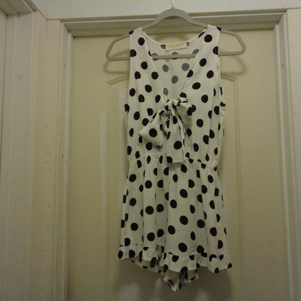 AUDREY VINTAGE  STYLED DARLING IN DOTS ROMPER W BOW 10